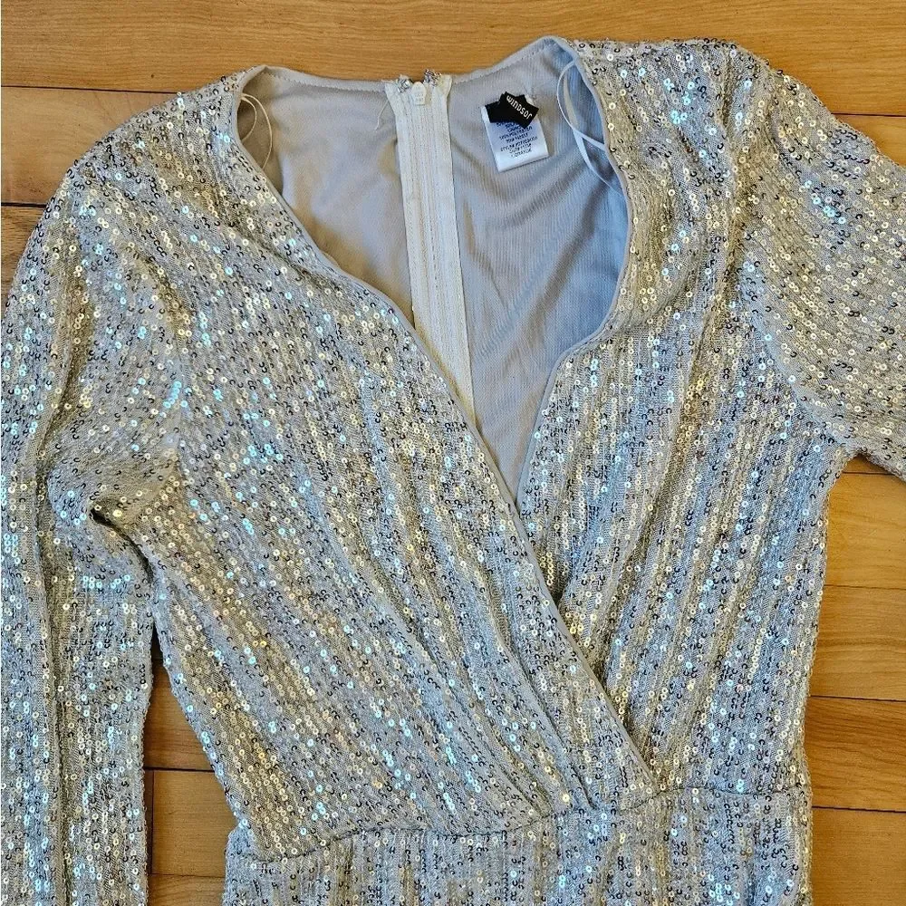 Windsor White and Silver Sequined Long Sleeve Dress